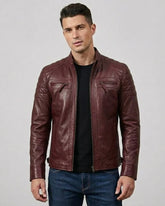 Men Maroon Quilted Biker Style Leather Jacket