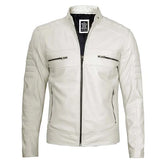 Unwind Leather Men Off White Padded Motorcycle Leather Jacket on a white background