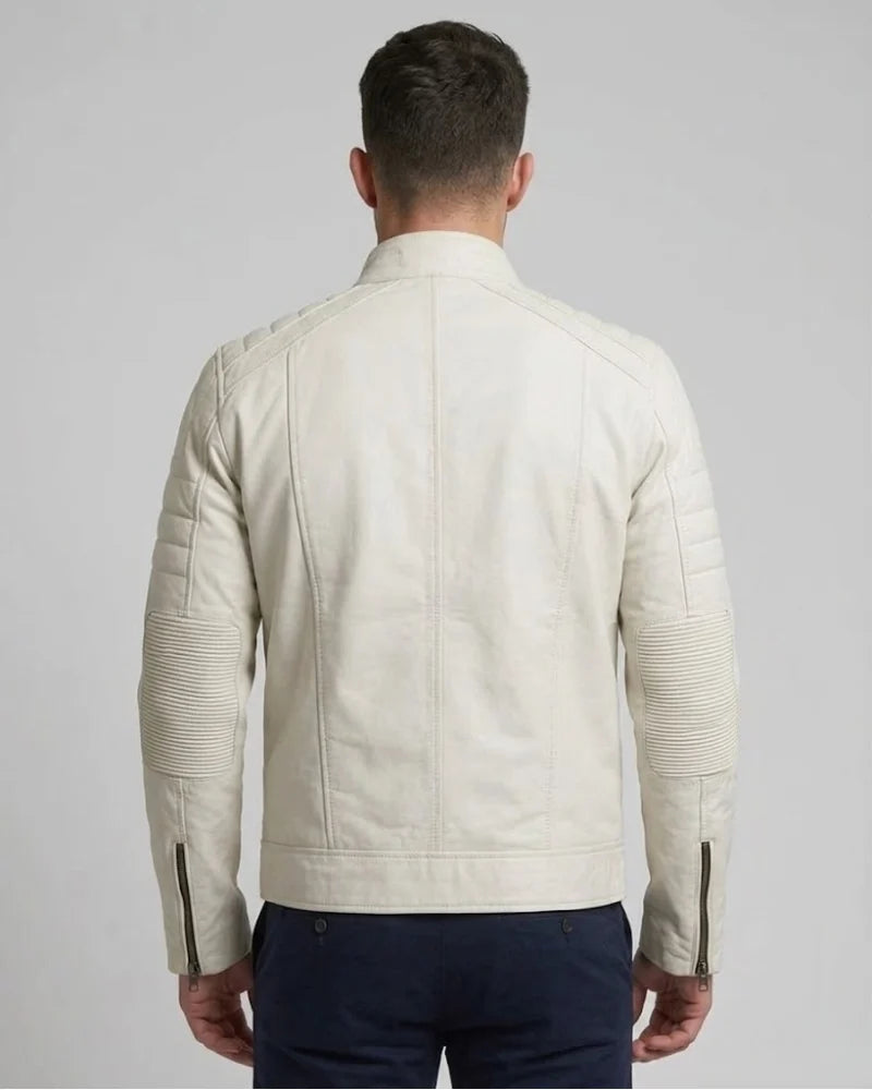 Men Off White Padded Motorcycle Leather Jacket