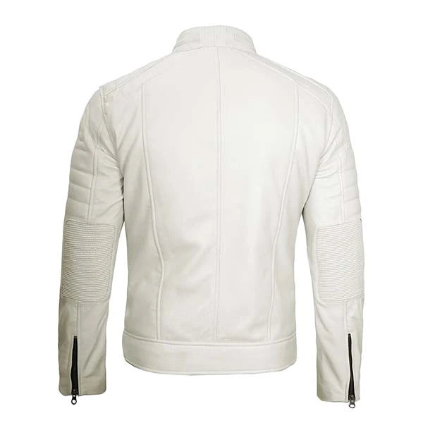Unwind Leather Men Off White Padded Motorcycle Leather Jacket on a white background