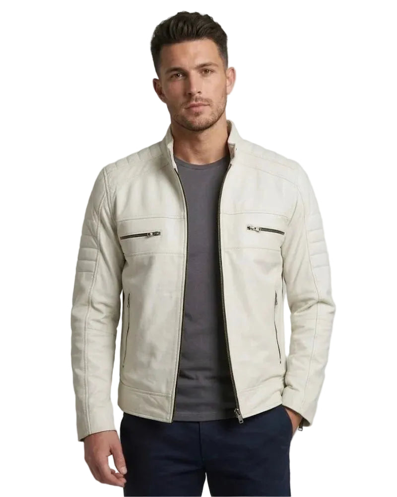 Men Off White Padded Motorcycle Leather Jacket