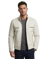 Men Off White Padded Motorcycle Leather Jacket