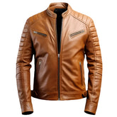 Unwind Leather Men Padded Cafe Racer Brown Leather Jacket on a white background