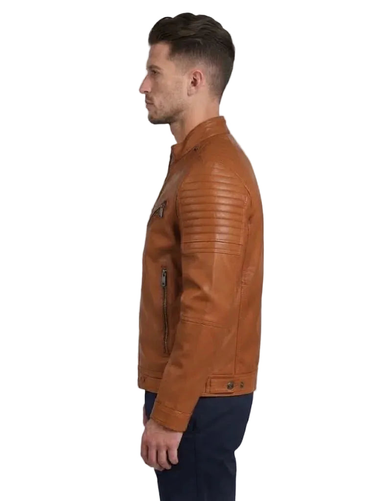 Men Padded Cafe Racer Brown Leather Jacket
