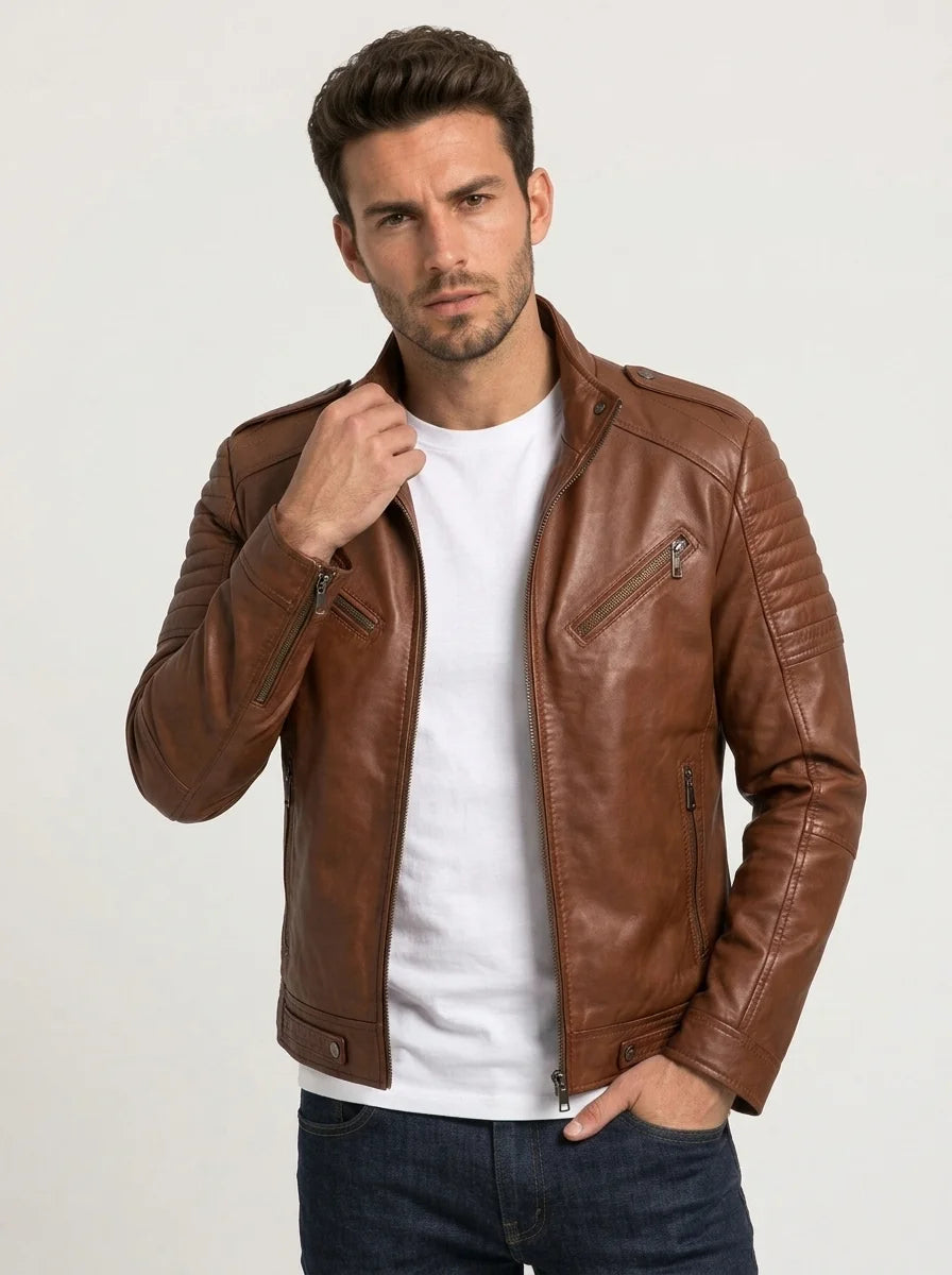 Men Padded Dark Brown Leather Cafe Racer Jacket
