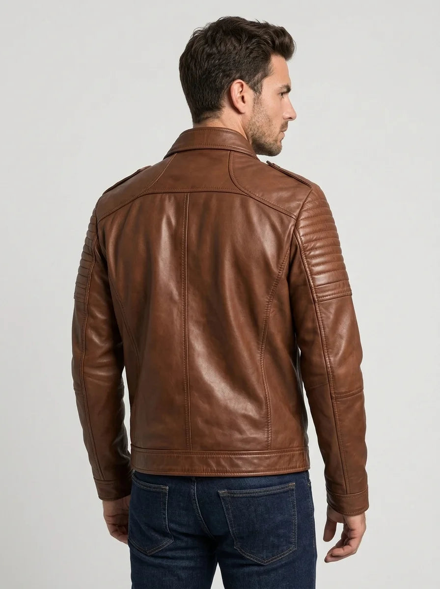 Men Padded Dark Brown Leather Cafe Racer Jacket