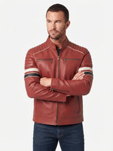 Men Red Cafe Racer Leather Jacket With Stripes