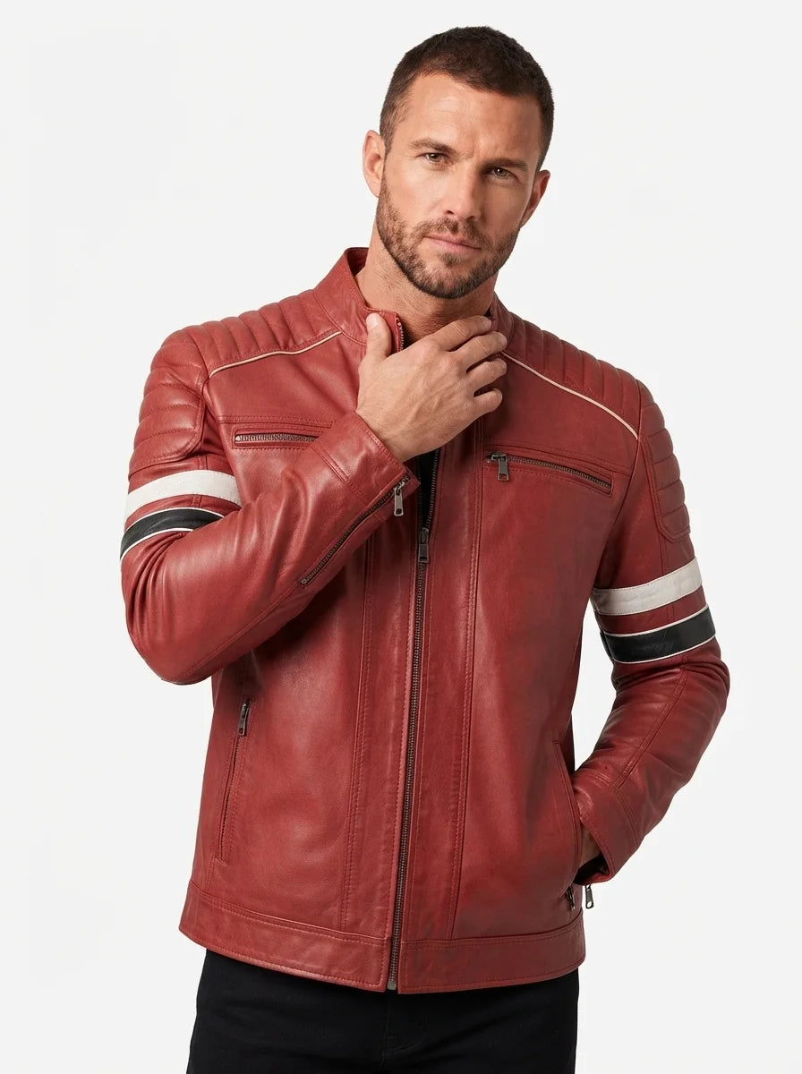 Men Red Cafe Racer Leather Jacket With Stripes