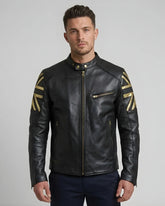 Men Vintage Black Cafe Racer Leather Jacket With British Flag