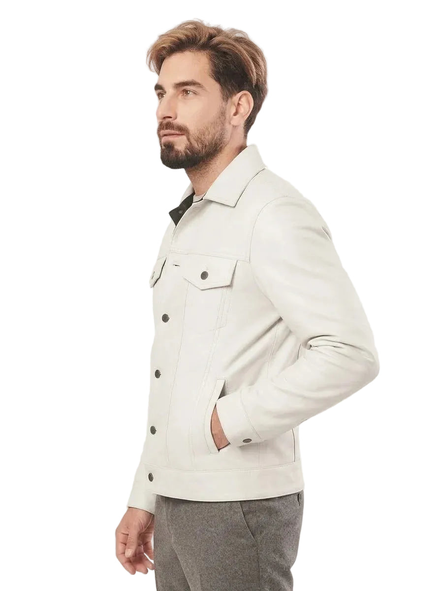 Men White Cafe Racer Style Trucker Leather Jacket