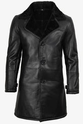 Men's 3/4 Length Black Sheepskin Leather Shearling Coat