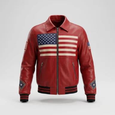 Men's American Flag Red Sheepskin Leather Jacket