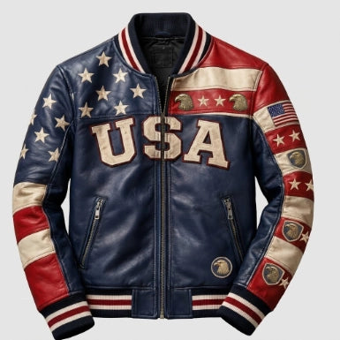 Men's American Flag Sheepskin Leather Jacket