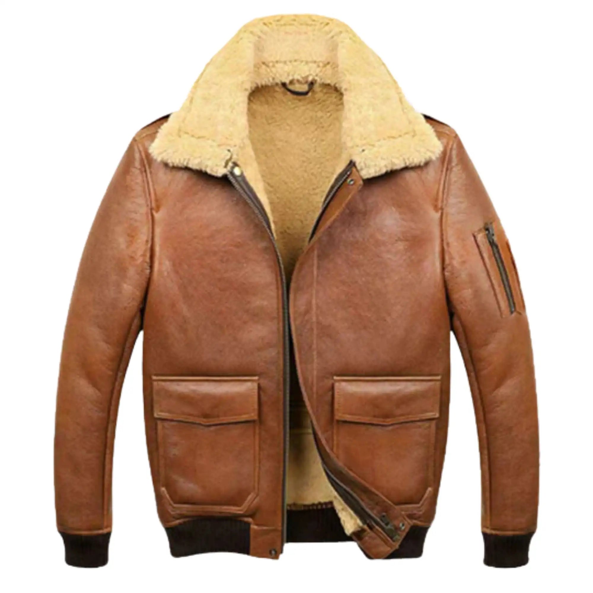 Men’s Aviator Camel Brown B2 Fur Shearling Leather Jacket