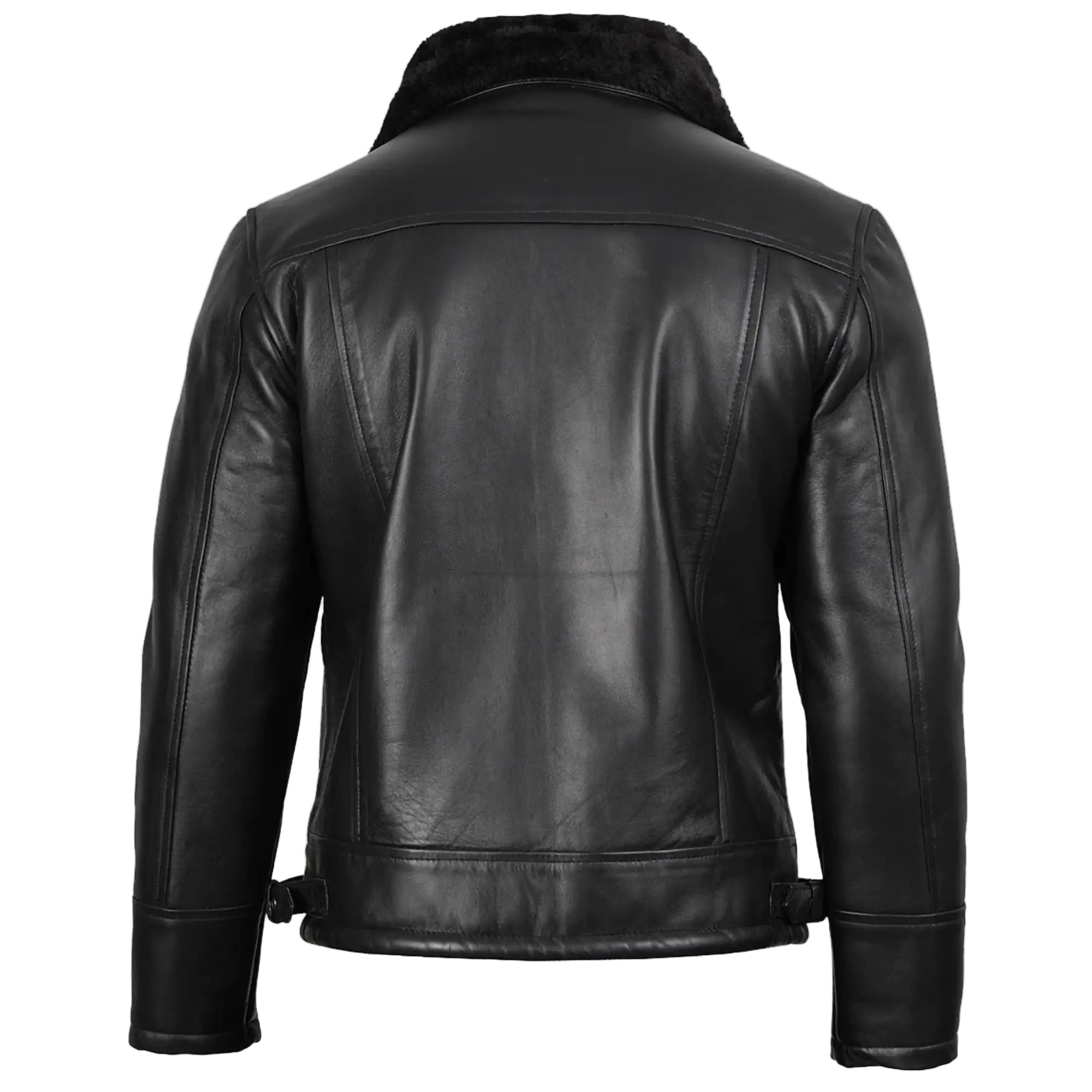 Black leather jacket with fur collar on a white background