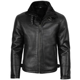 Black leather jacket with fur lining on a white background