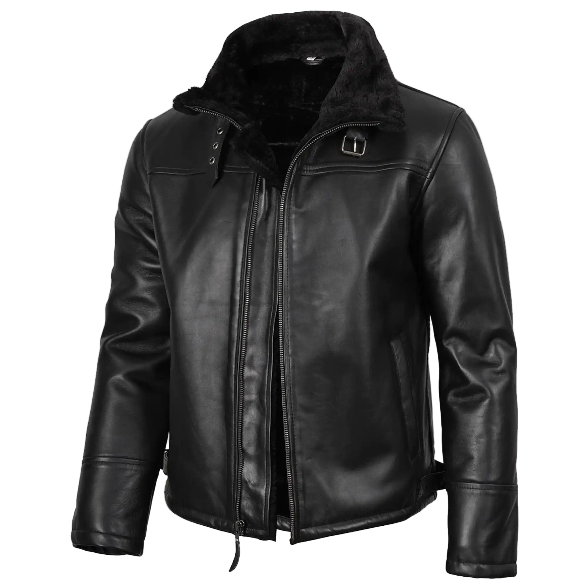 Black leather jacket with fur lining on a white background