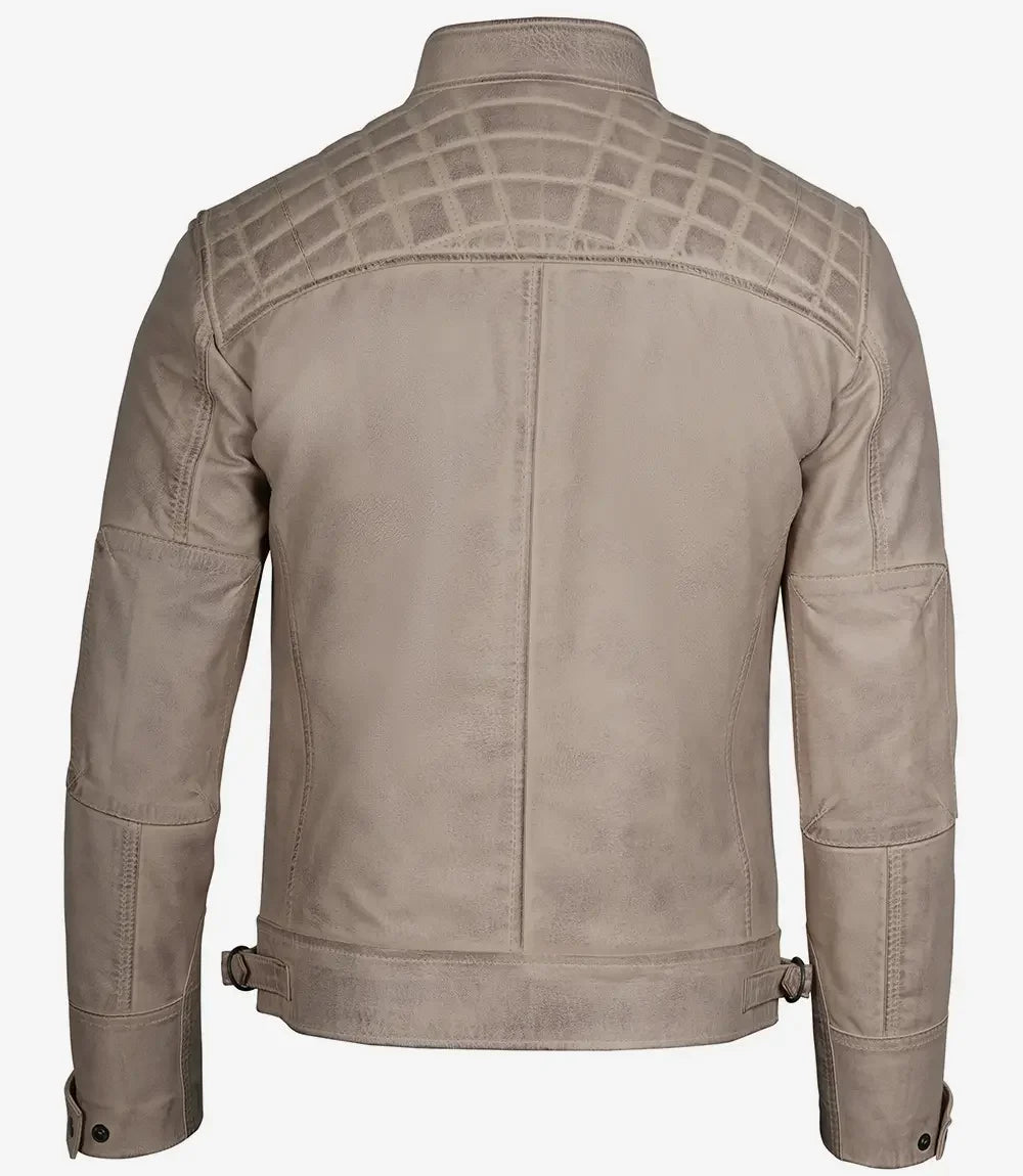 Men's Beige Real Leather Biker Style Jacket