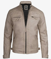 Men's Beige Real Leather Biker Style Jacket