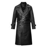 Men's Belted Black Leather Long Trench Coat