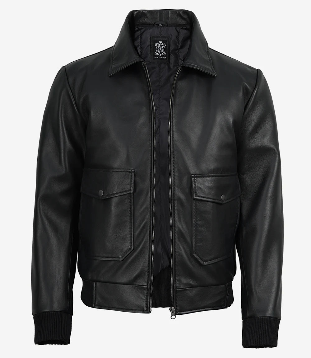 Men's black aviator leather flight jacket with black fur collar