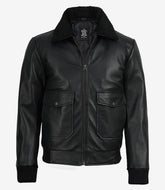 Men's black aviator leather flight jacket with black fur collar