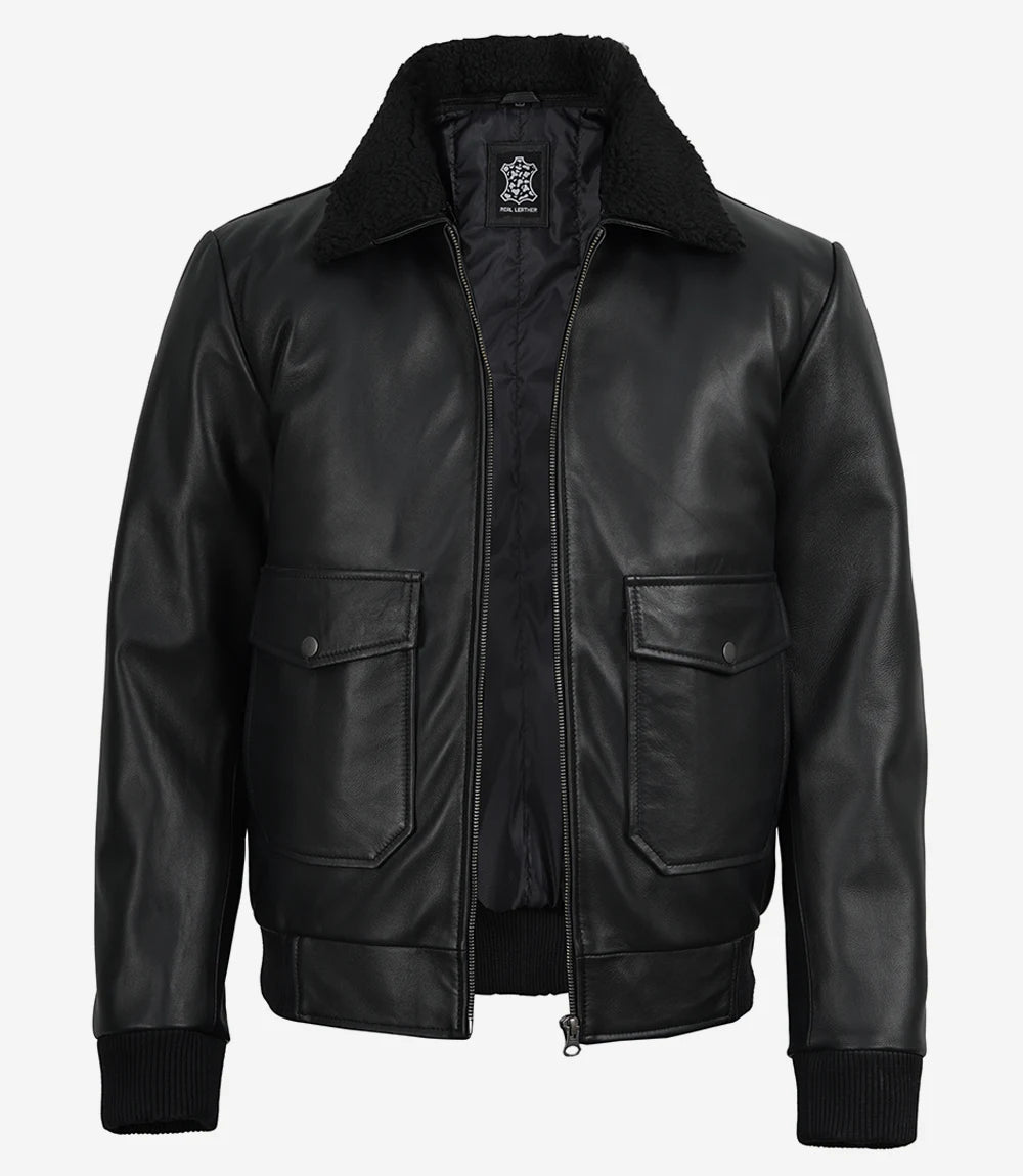 Men's black aviator leather flight jacket with black fur collar