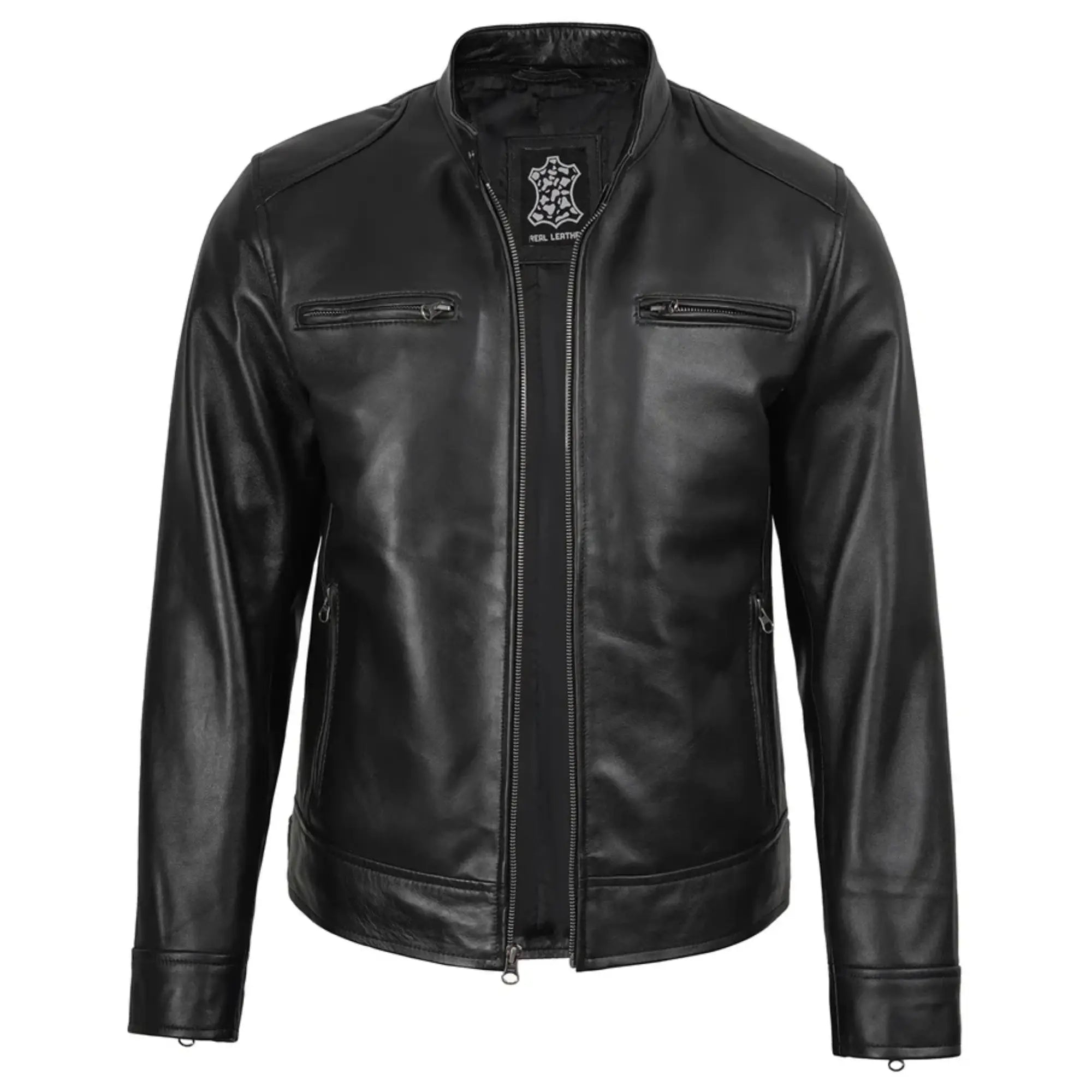 Men's Black Biker Style Leather Jacket with Removable Hood