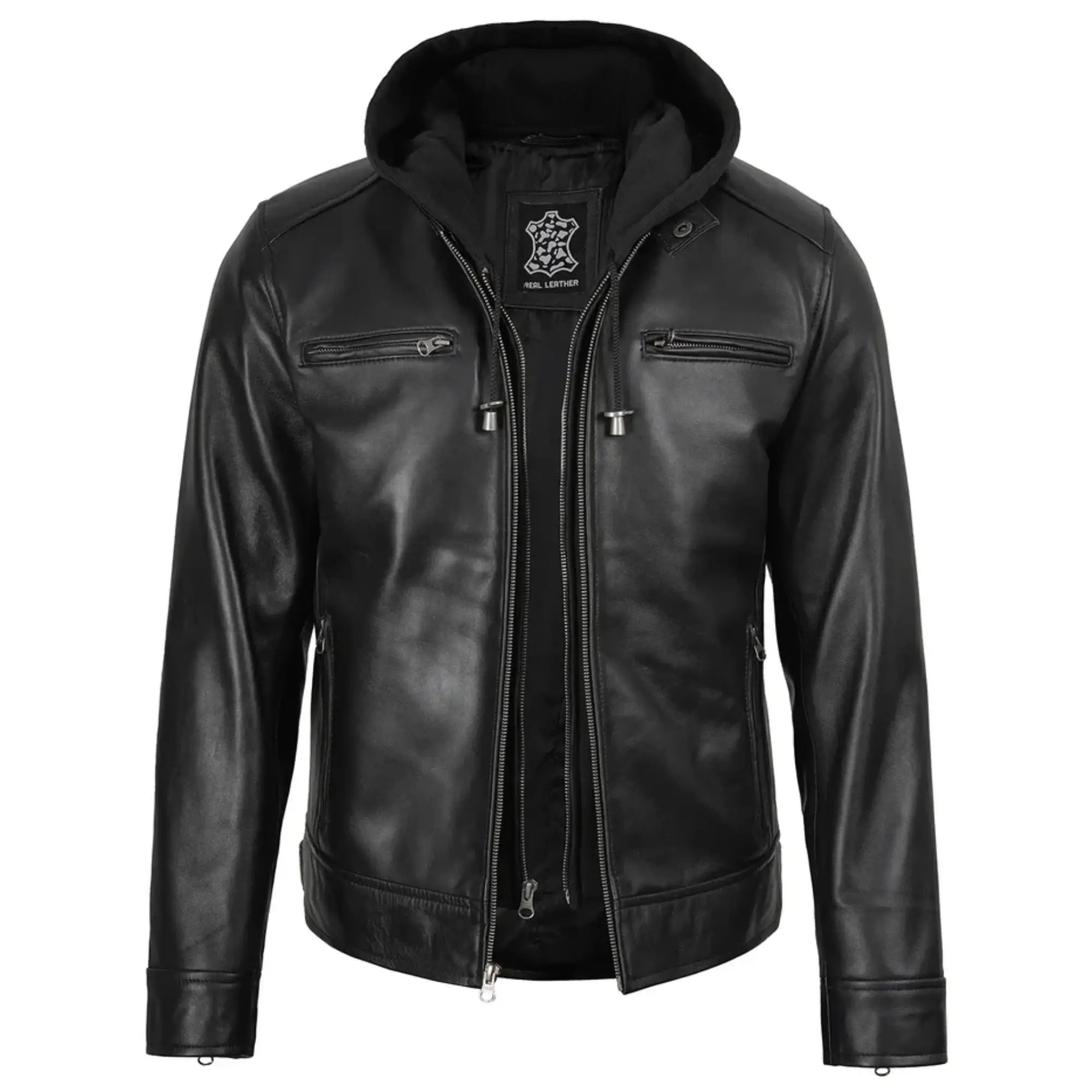 Men's Black Biker Style Leather Jacket with Removable Hood