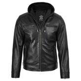 Men's Black Biker Style Leather Jacket with Removable Hood