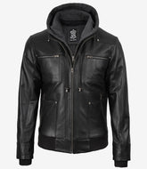 Men's Black Bomber Leather Jacket with Removable Gray Hood