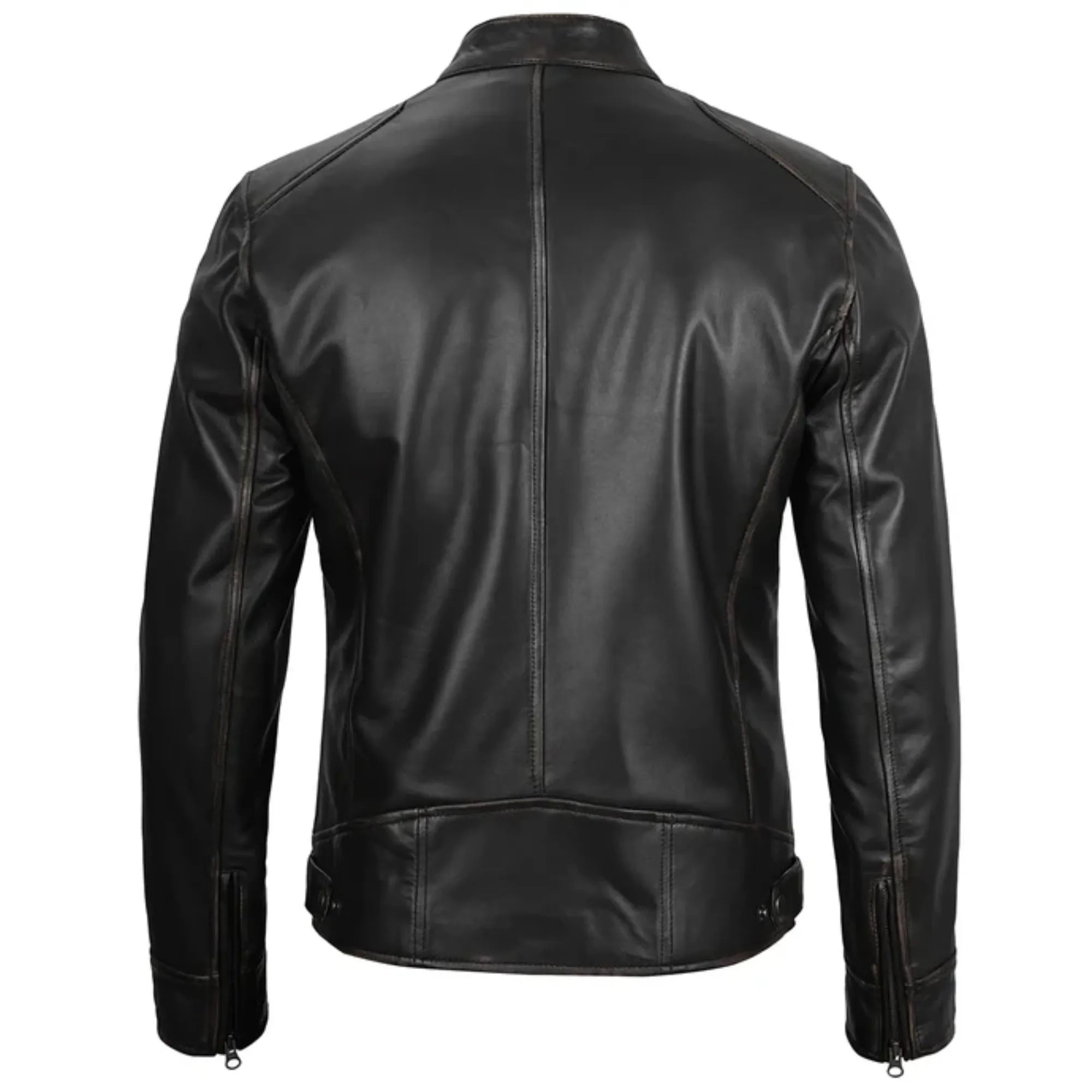 Black leather jacket shown from the back on a white background
