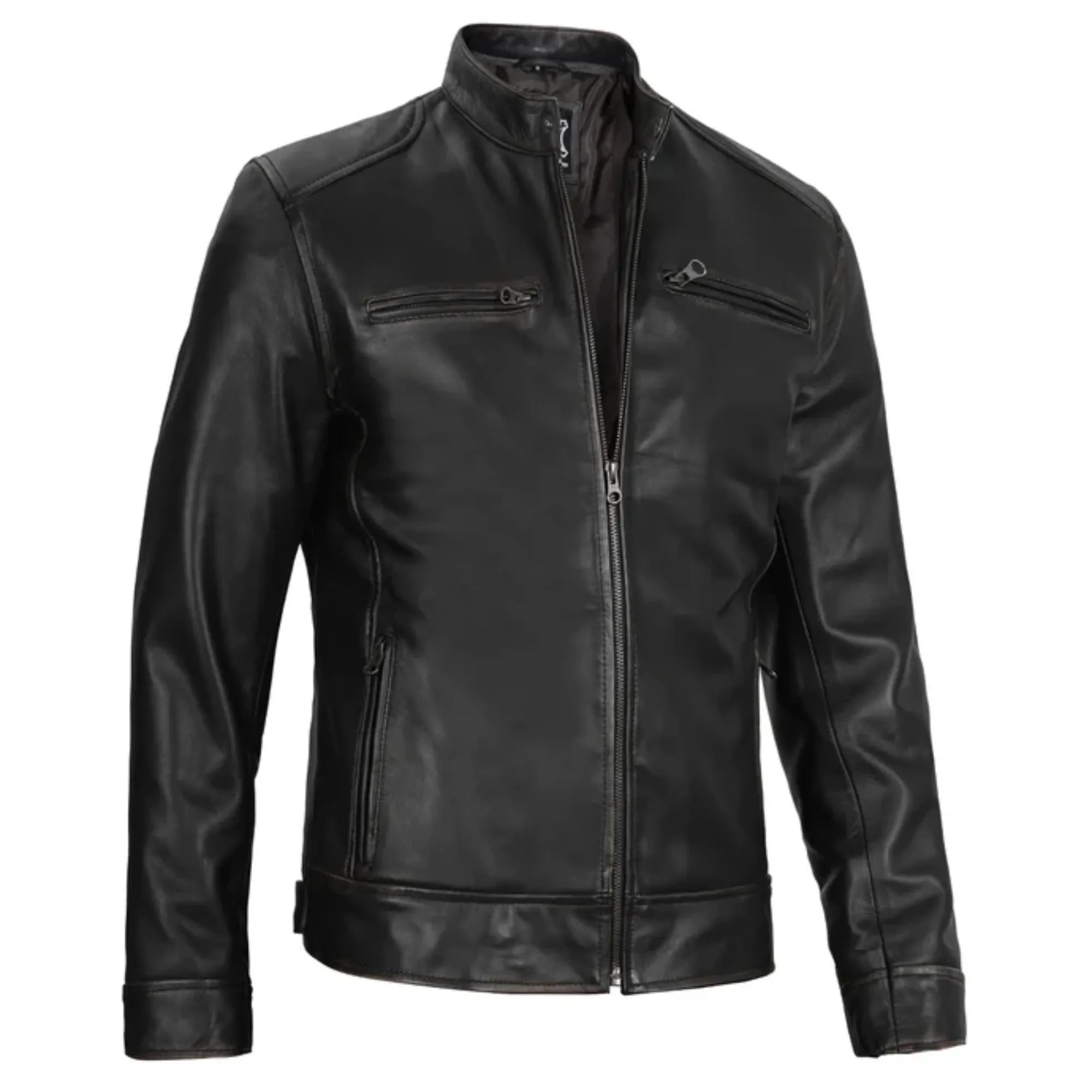 Black leather jacket on a white background