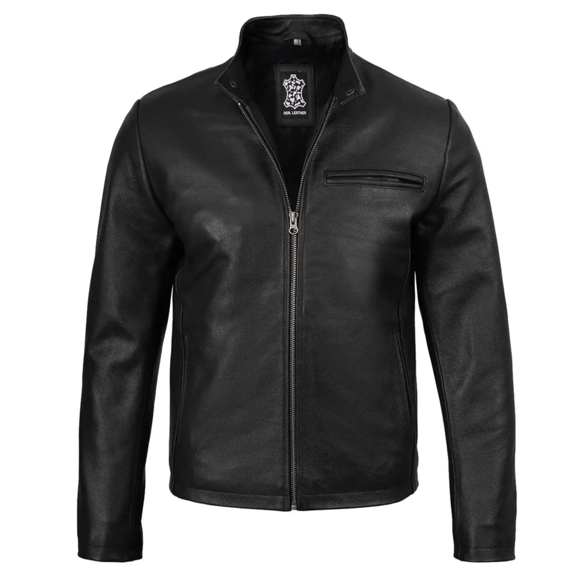 Men's Black Cowhide Leather Cafe Racer Jacket