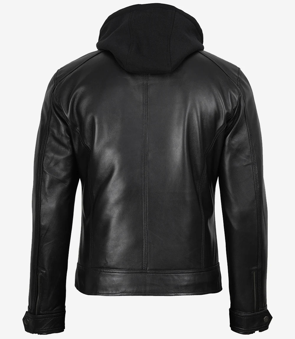 Men's Black Hooded Leather Jacket with Detachable Hood
