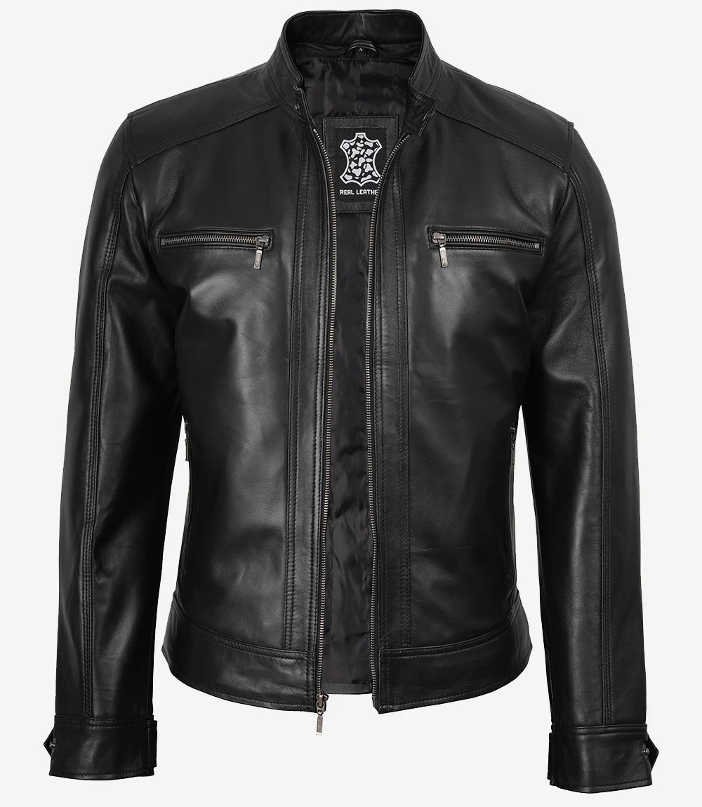 Men's Black Hooded Leather Jacket with Detachable Hood