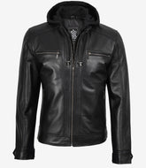 Men's Black Hooded Leather Jacket with Detachable Hood
