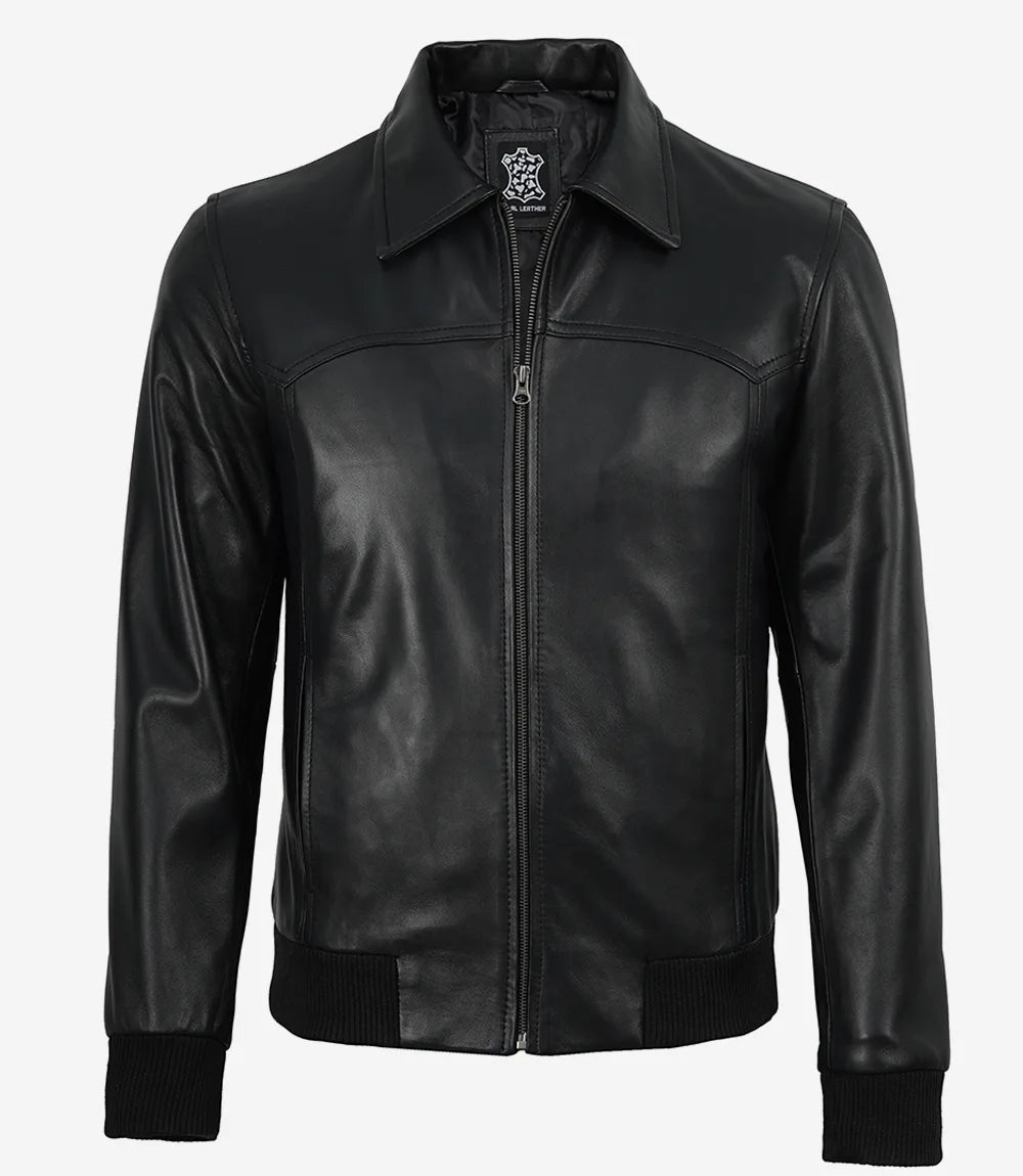 Men's black western style leather bomber jacket with shirt collar