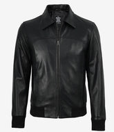 Men's black western style leather bomber jacket with shirt collar