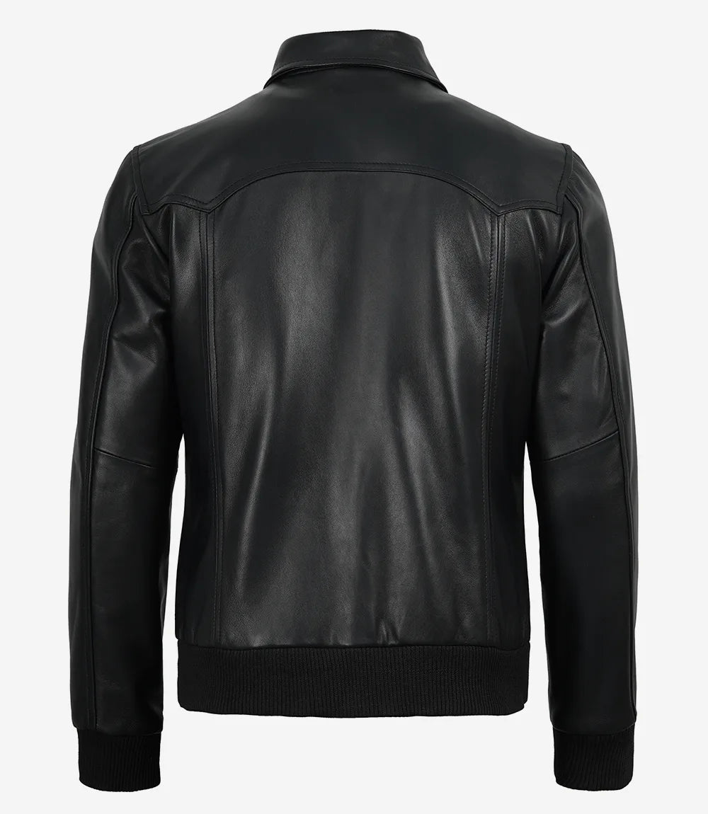 Men's black western style leather bomber jacket with shirt collar