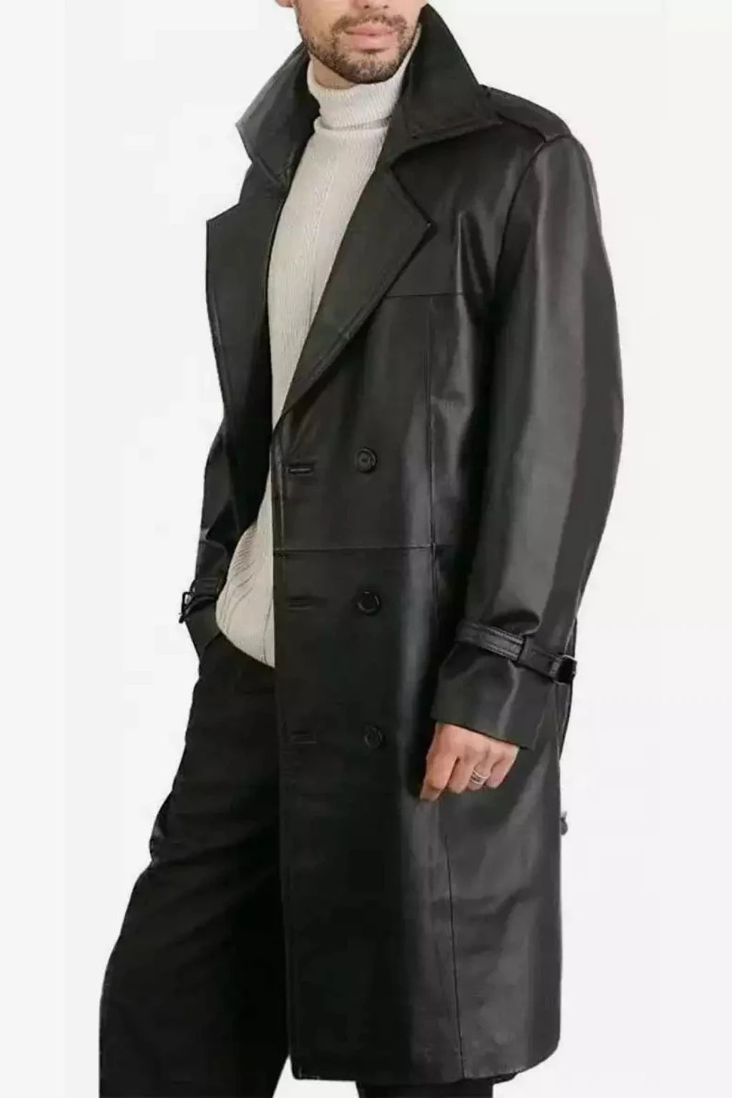 Men's Long Length Black Sheepskin Leather Coat