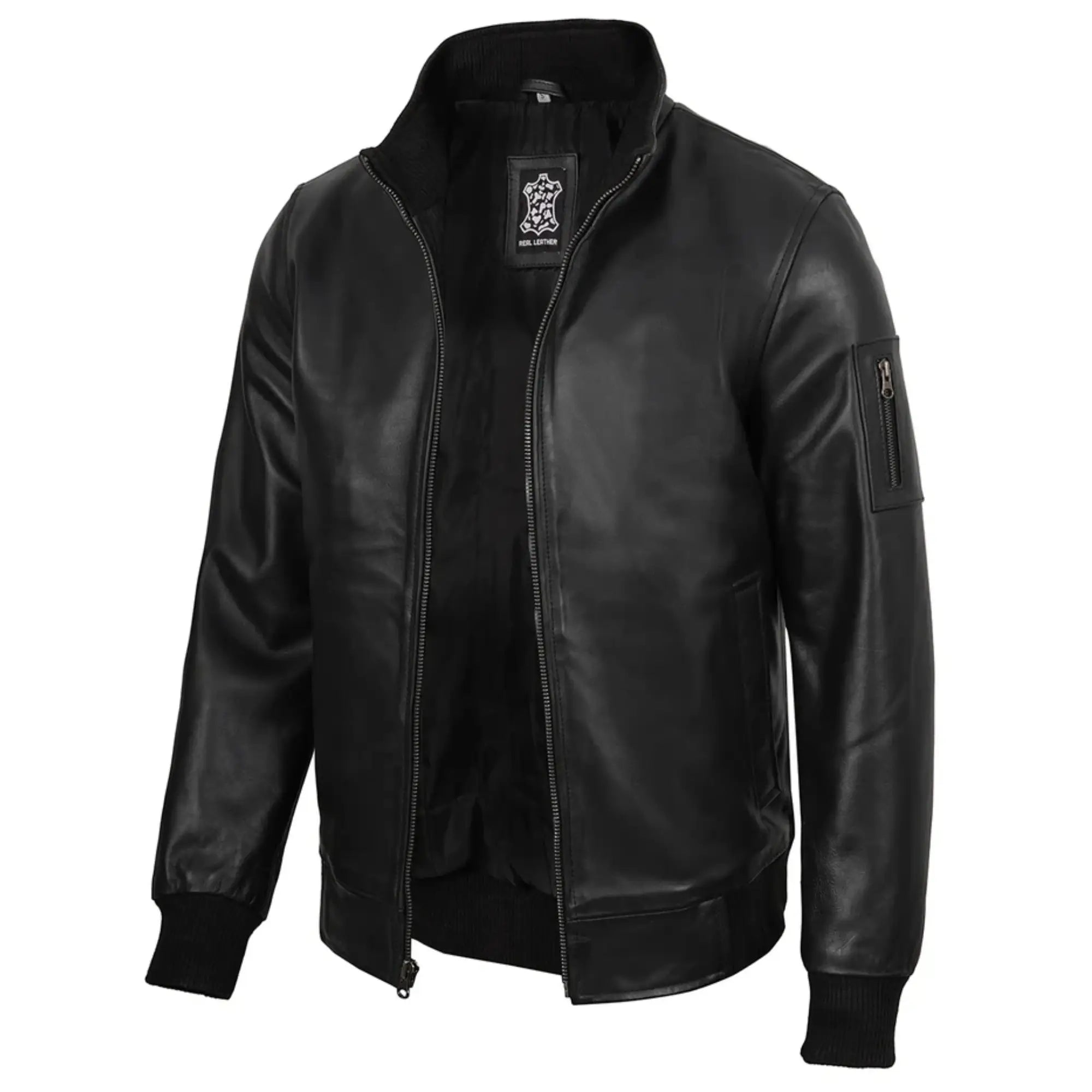 Men's Black Sheepskin Leather Bomber Jacket