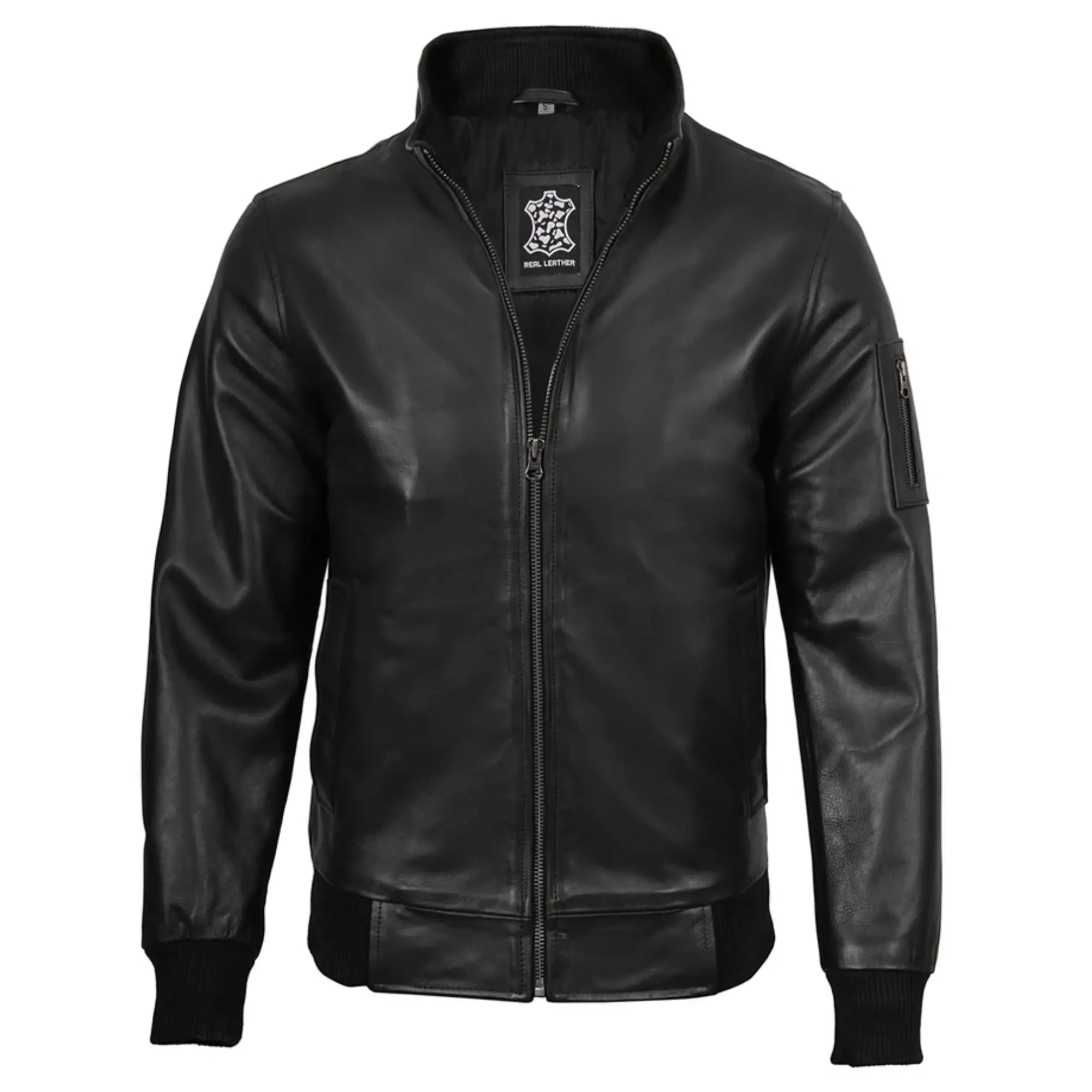 Men's Black Sheepskin Leather Bomber Jacket