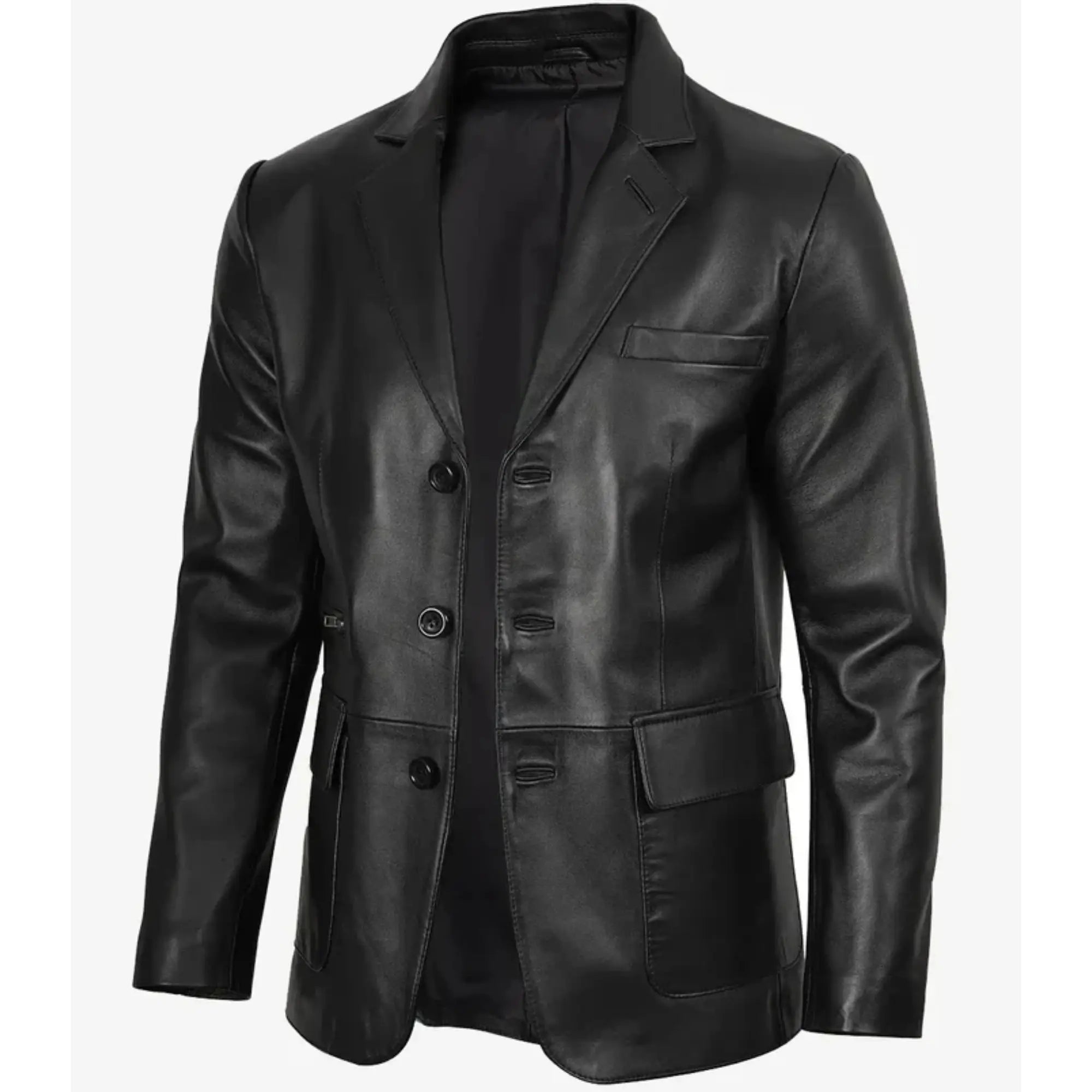 Men's Black Three Button Real Leather Blazer