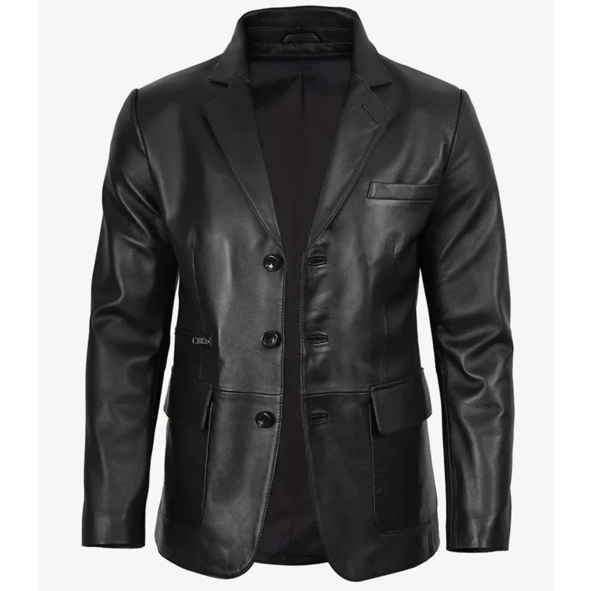 Men's Black Three Button Real Leather Blazer