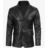 Men's Black Three Button Real Leather Blazer