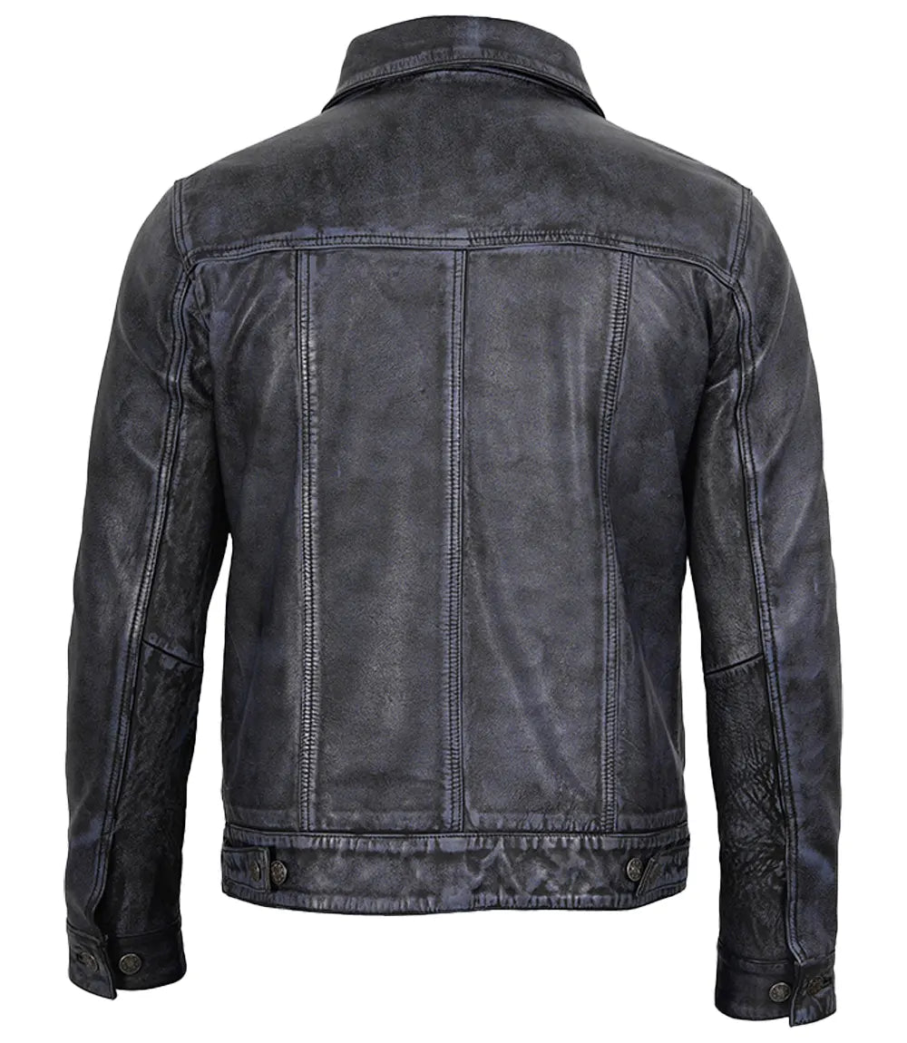 Men's Black Washed Leather Trucker Jacket