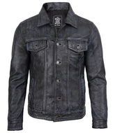 Men's Black Washed Leather Trucker Jacket