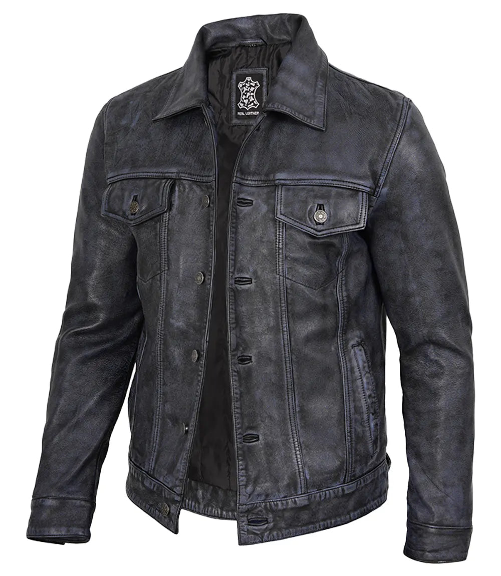 Men's Black Washed Leather Trucker Jacket