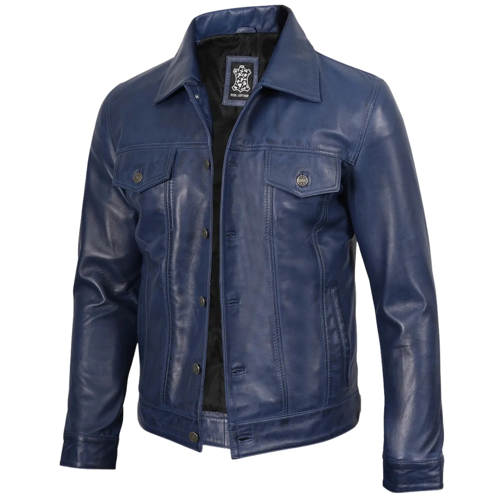 Men's Blue Leather Trucker Jacket